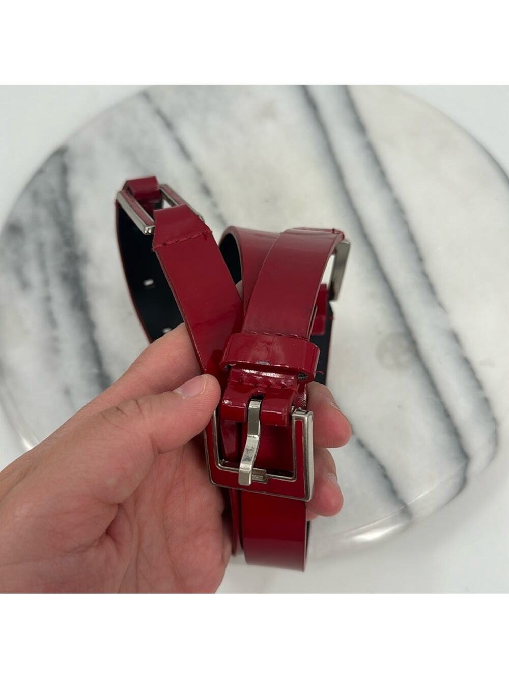 Vintage Y2K red and silver faux patent leather belt